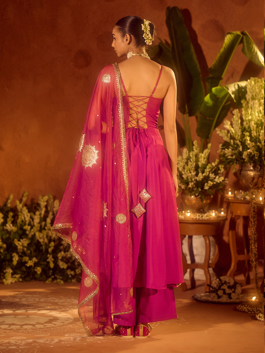 FIORRA Women’s Pink Viscose Chanderi Embroidered & Gota Patti Work Ethnic A-Line Kurta Set with Dupatta